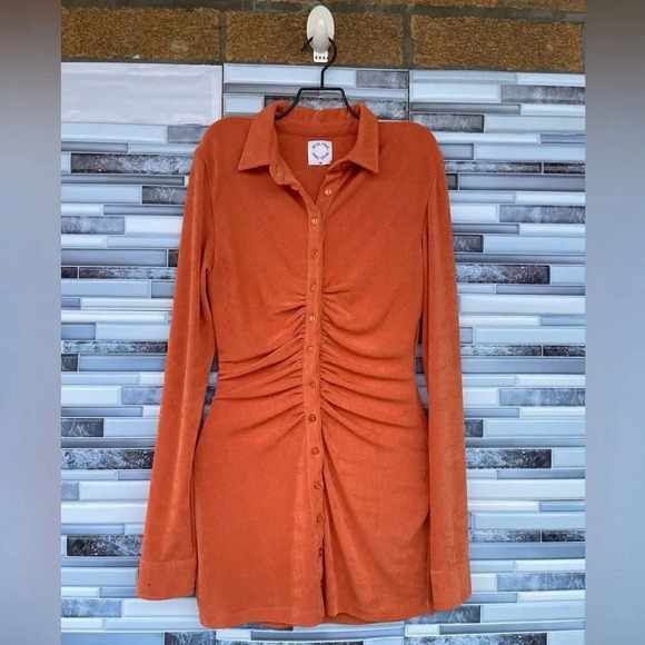With Jean Andy Mini Dress - Maple Orange, Ruched Button-Down XS, - Picture 5 of 16